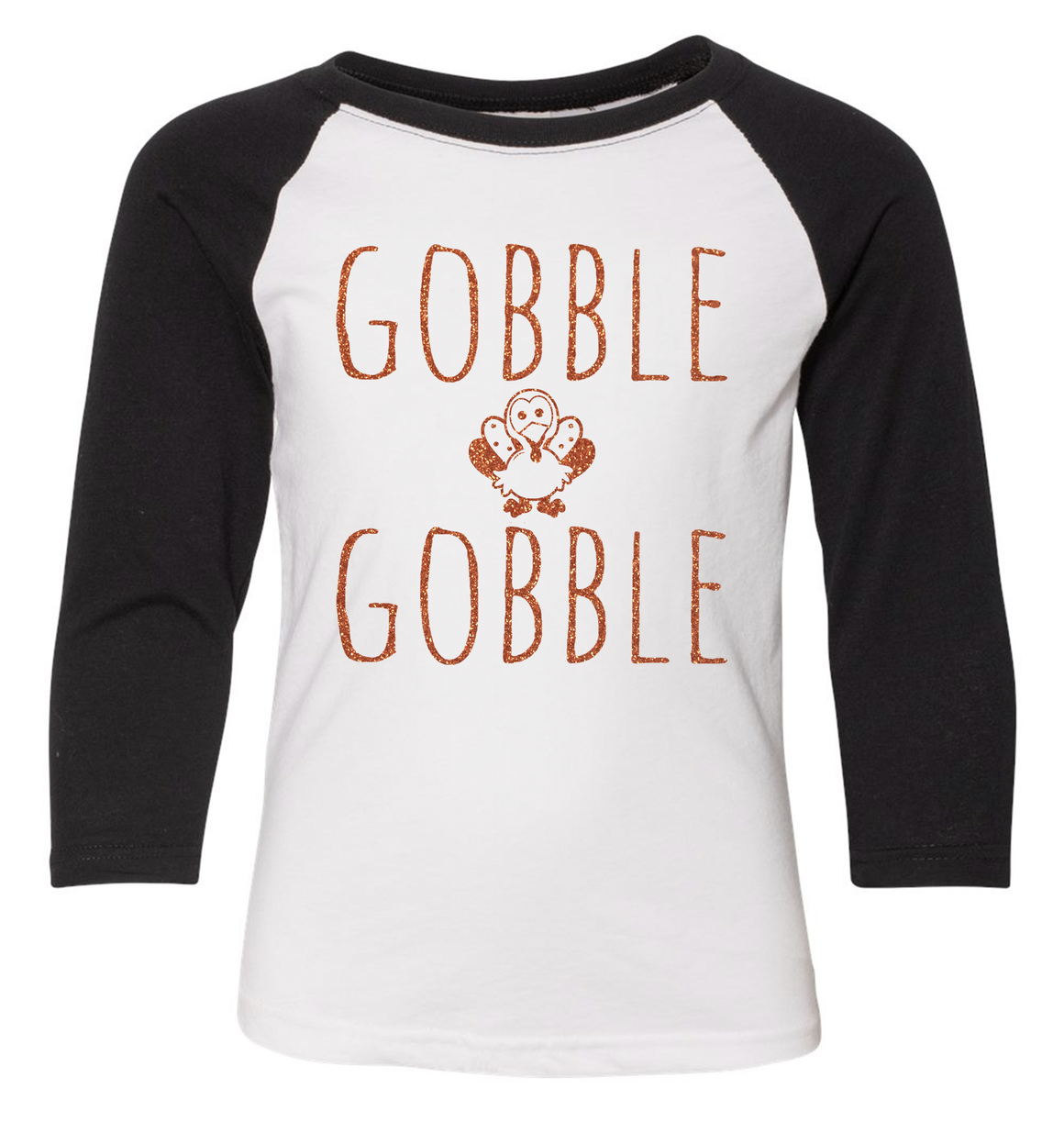 Infant, Toddler, and Youth Gobble Gobble Glitter Turkey 3/4 Sleeve Baseball Tee