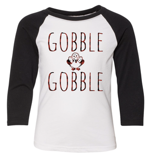 Infant, Toddler, and Youth Gobble Gobble Buffalo Plaid Turkey 3/4 Sleeve Baseball Tee