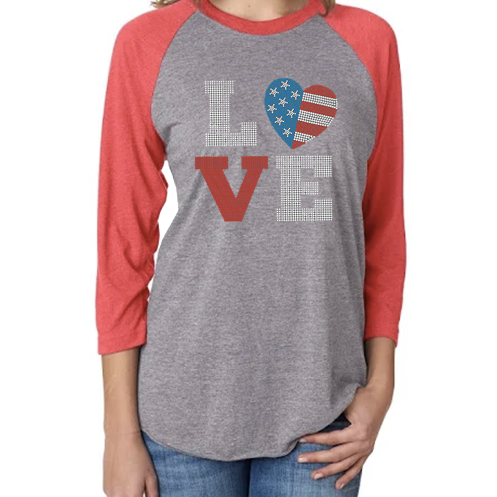 Triblend Women's Fourth of July Love Studded 3/4 Sleeve Baseball Tee