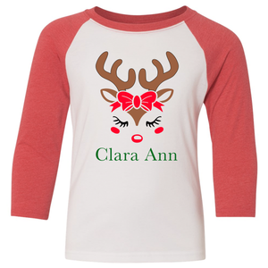 Girl Reindeer 3/4 Sleeve Baseball Tee (Toddler and Youth) *Custom Option Available*