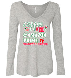 Triblend Women's Coffee, Wine, and Amazon Prime V-Neck Long Sleeve Shirt